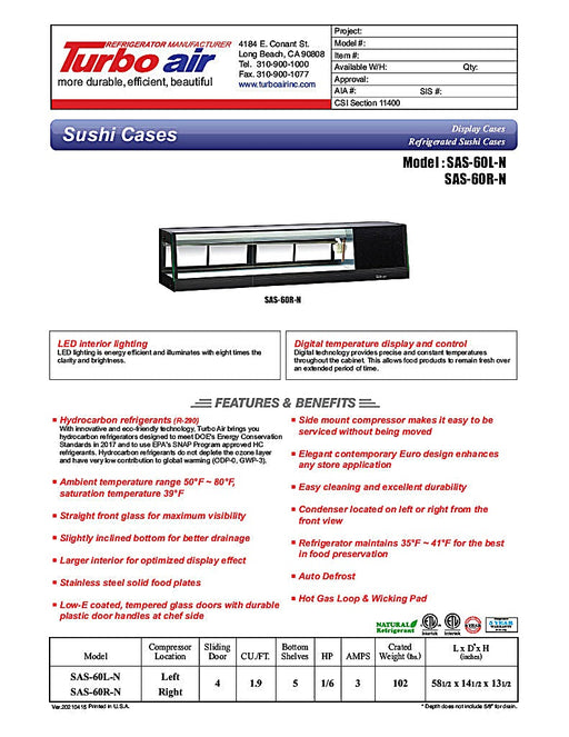 Turbo Air SAS-60L-N 60" Straight Glass Refrigerated Food/Sushi Case - Left Side Compressor - Donut-Equipment.com