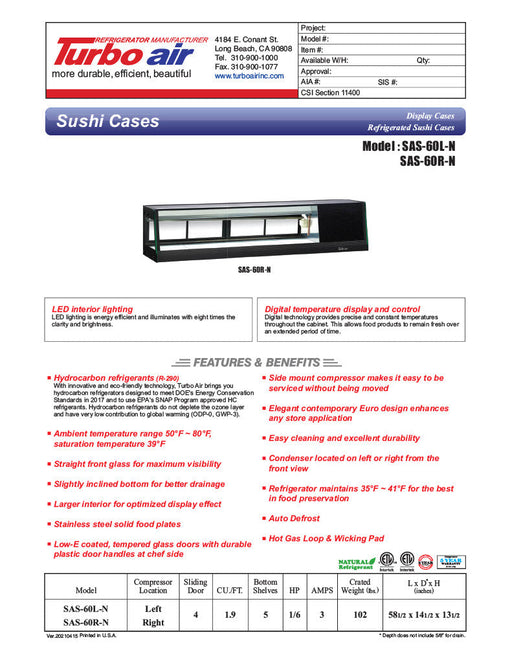 Turbo Air SAS-60R-N 60" Straight Glass Refrigerated Food/Sushi Case - Right Side Compressor - Bakery Wholesalers