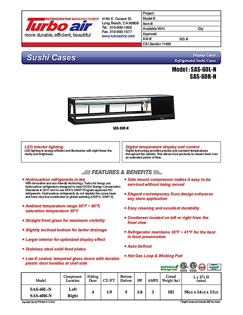 Turbo Air SAS-60R-N 60" Straight Glass Refrigerated Food/Sushi Case - Right Side Compressor - Donut-Equipment.com