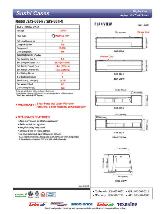 Turbo Air SAS-60R-N 60" Straight Glass Refrigerated Food/Sushi Case - Right Side Compressor - Bakery Wholesalers