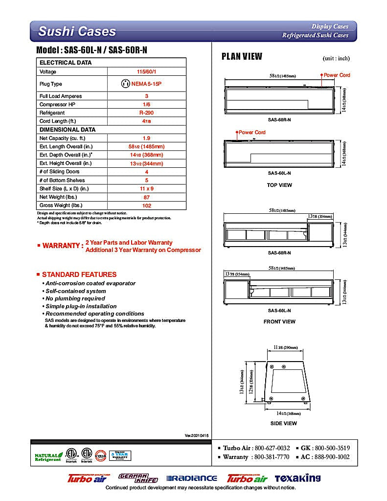 Turbo Air SAS-60R-N 60" Straight Glass Refrigerated Food/Sushi Case - Right Side Compressor - Donut-Equipment.com