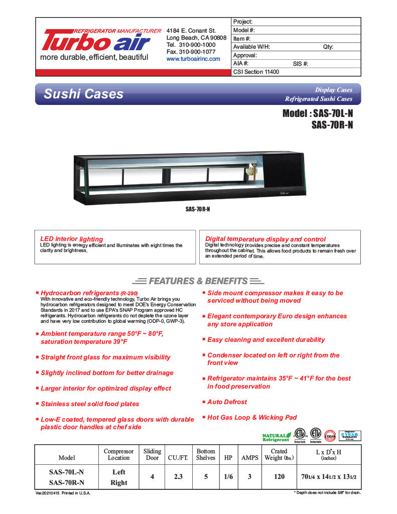 Turbo Air SAS-70L-N 70" Straight Glass Refrigerated Food/Sushi Case - Left Side Compressor - Donut-Equipment.com