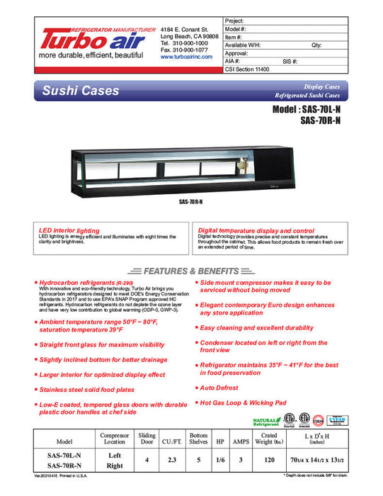 Turbo Air SAS-70L-N 70" Straight Glass Refrigerated Food/Sushi Case - Left Side Compressor - Bakery Wholesalers
