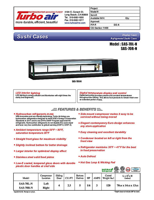 Turbo Air SAS-70L-N 70" Straight Glass Refrigerated Food/Sushi Case - Left Side Compressor - Donut-Equipment.com
