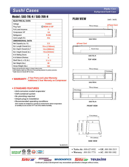 Turbo Air SAS-70L-N 70" Straight Glass Refrigerated Food/Sushi Case - Left Side Compressor - Bakery Wholesalers