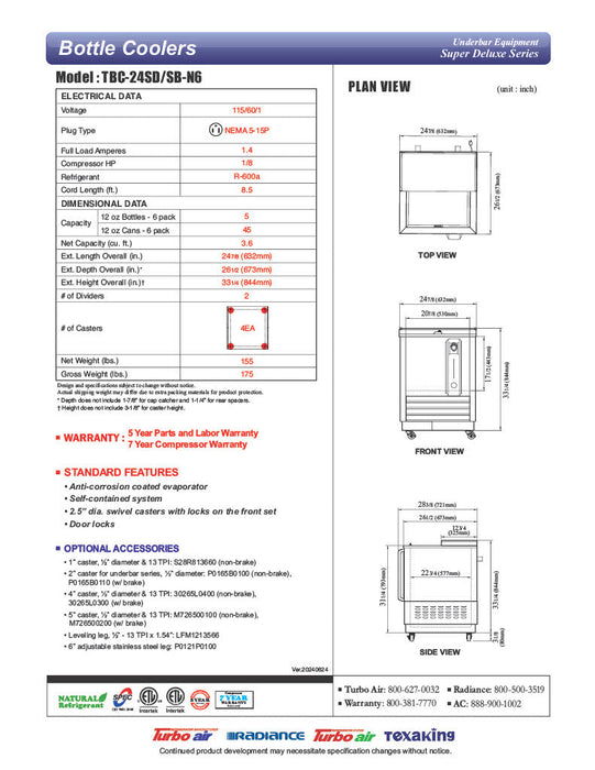 Turbo Air TBC-24SB-N6 24" Super Deluxe Black Exterior Bottle or Can Cooler - Bakery Wholesalers