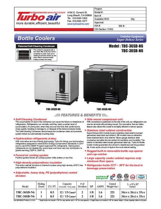 Turbo Air TBC-36SD-N6 36" Super Deluxe Stainless Steel Bottle Cooler - Bakery Wholesalers