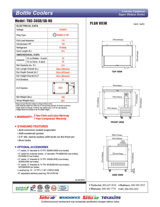 Turbo Air TBC-36SB-N6 36" Super Deluxe Black Exterior Bottle Cooler - Bakery Wholesalers