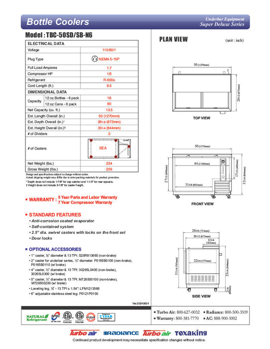 re- Turbo Air TBC-50SD-N6 50" Super Deluxe Stainless Steel Bottle Cooler - Bakery Wholesalers