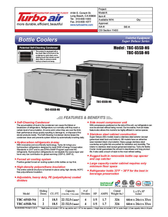 Turbo Air TBC-65SD-N6 65" Forced Air Bottle Cooler - Holds (528) 12 oz Bottles, Stainless Interior, 115v - Bakery Wholesalers