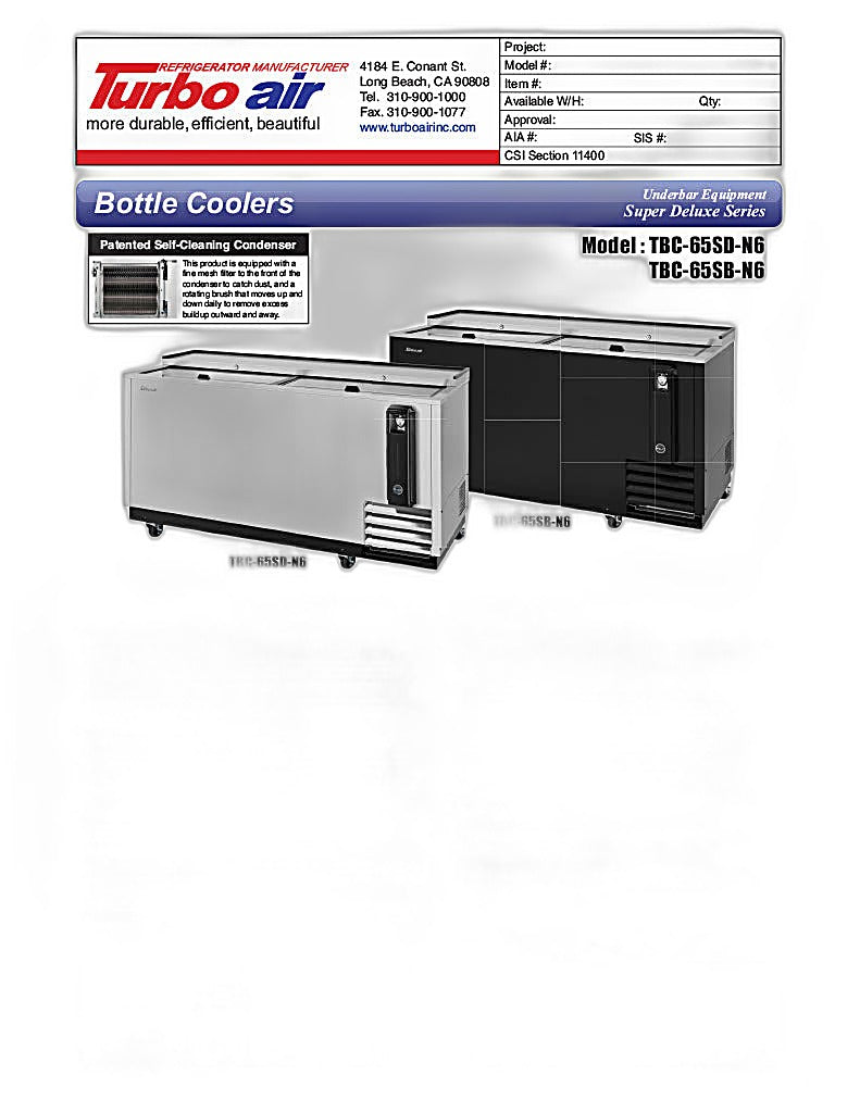 Turbo Air TBC-65SB-N6 65" Forced Air Bottle Cooler - Holds (528) 12 oz Bottles, Stainless Interior, 115v - Donut-Equipment.com