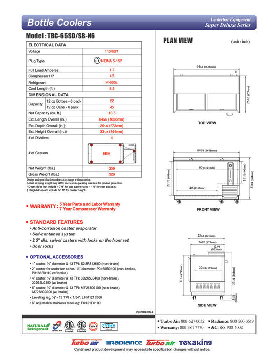 Turbo Air TBC-65SD-N6 65" Forced Air Bottle Cooler - Holds (528) 12 oz Bottles, Stainless Interior, 115v - Bakery Wholesalers