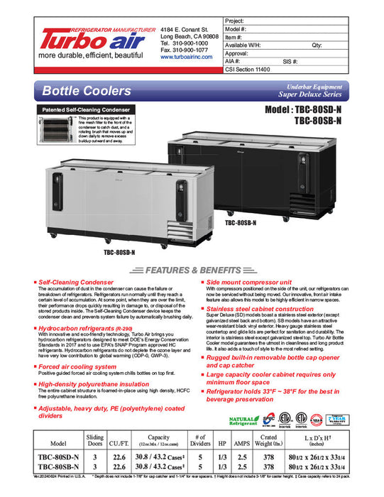 Turbo Air TBC-80SD-N 80 1/2" Forced Air Bottle Cooler - Holds (739) 12 oz Bottles, Stainless, 115v - Bakery Wholesalers
