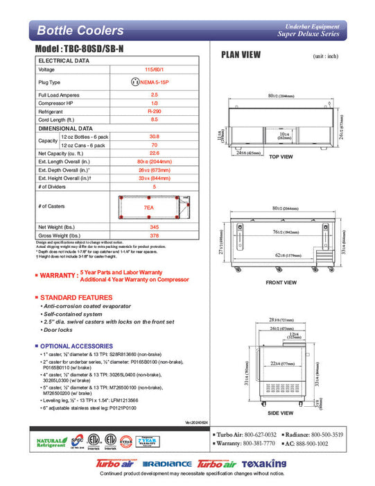 Turbo Air TBC-80SD-N 80 1/2" Forced Air Bottle Cooler - Holds (739) 12 oz Bottles, Stainless, 115v - Bakery Wholesalers