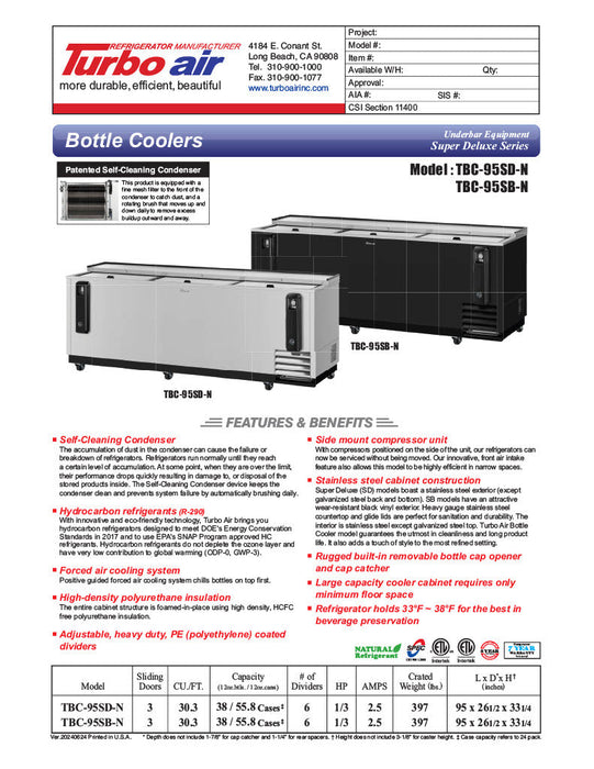 Turbo Air TBC-95SD-N 95" Forced Air Bottle Cooler - Holds (912) 12 oz Bottles, Stainless, 115v - Bakery Wholesalers