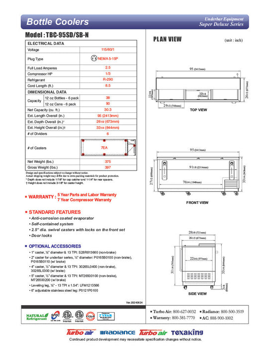 Turbo Air TBC-95SD-N 95" Forced Air Bottle Cooler - Holds (912) 12 oz Bottles, Stainless, 115v - Bakery Wholesalers