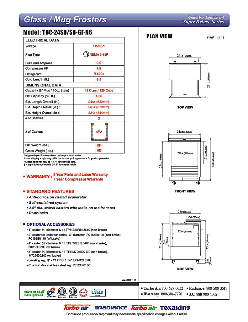 Turbo Air TBC-24SB-GF-N6 25" Black Laminate Exterior, Glass Froster - Donut-Equipment.com