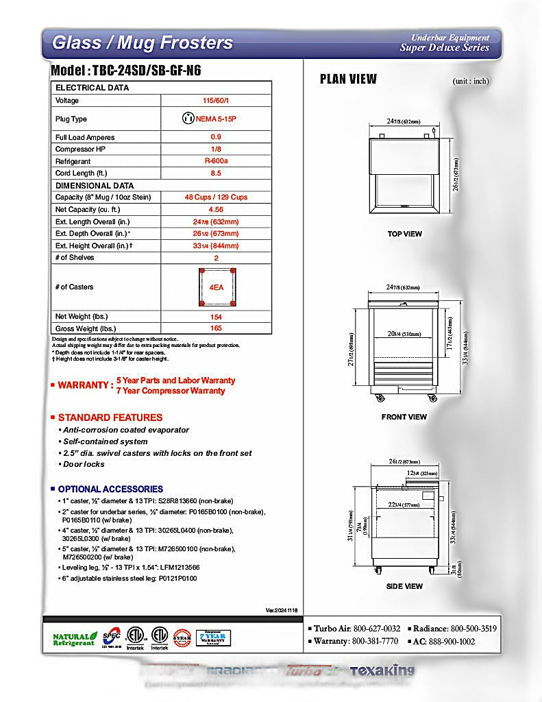 Turbo Air TBC-24SD-GF-N6 25" Stainless Steel Glass Froster - Donut-Equipment.com