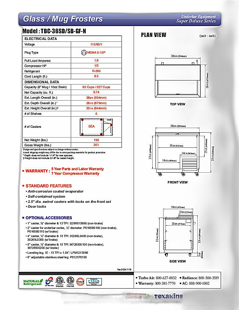 Turbo Air TBC-36SB-GF-N 36" Black Laminate Exterior, Glass Froster - Donut-Equipment.com