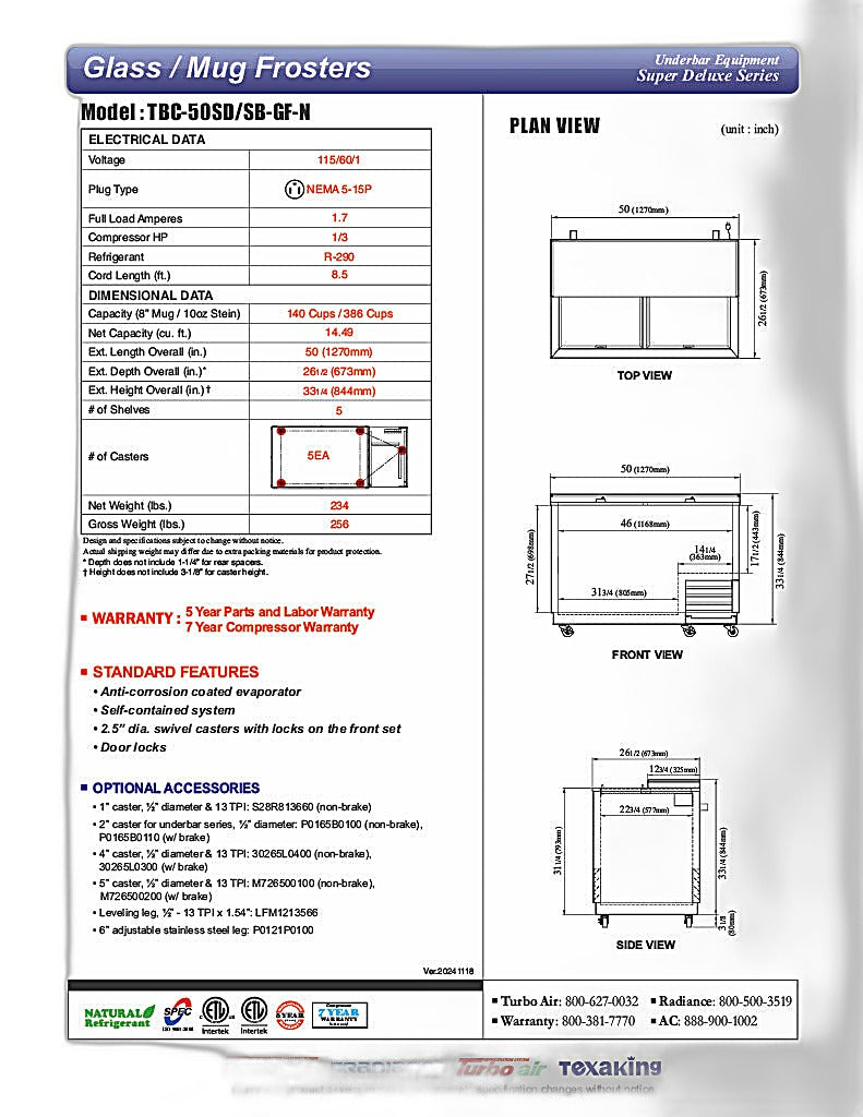 Turbo Air TBC-50SD-GF-N 50" 2-Section Glass Chiller – 140 Mug Capacity, Stainless Steel, 115v - Donut-Equipment.com