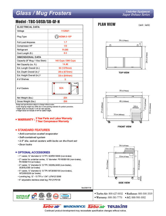 Turbo Air TBC-50SD-GF-N 50" 2-Section Glass Chiller – 140 Mug Capacity, Stainless Steel, 115v - Bakery Wholesalers
