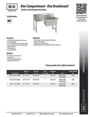 BK Resources Stainless Steel 1 Compartment Sink w/ 10" Riser & Right Drainboard – 20"L x 16"W x 14"D Bowl - Donut-Equipment.com
