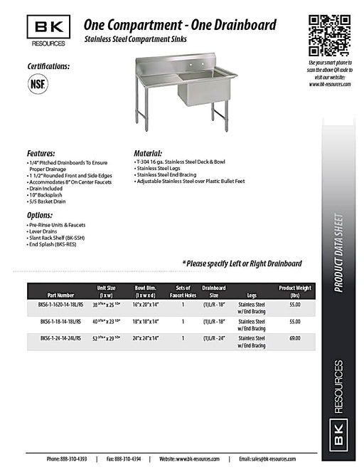BK Resources Stainless Steel 1 Compartment Sink w/ 10" Riser & Right Drainboard – 20"L x 16"W x 14"D Bowl - Donut-Equipment.com