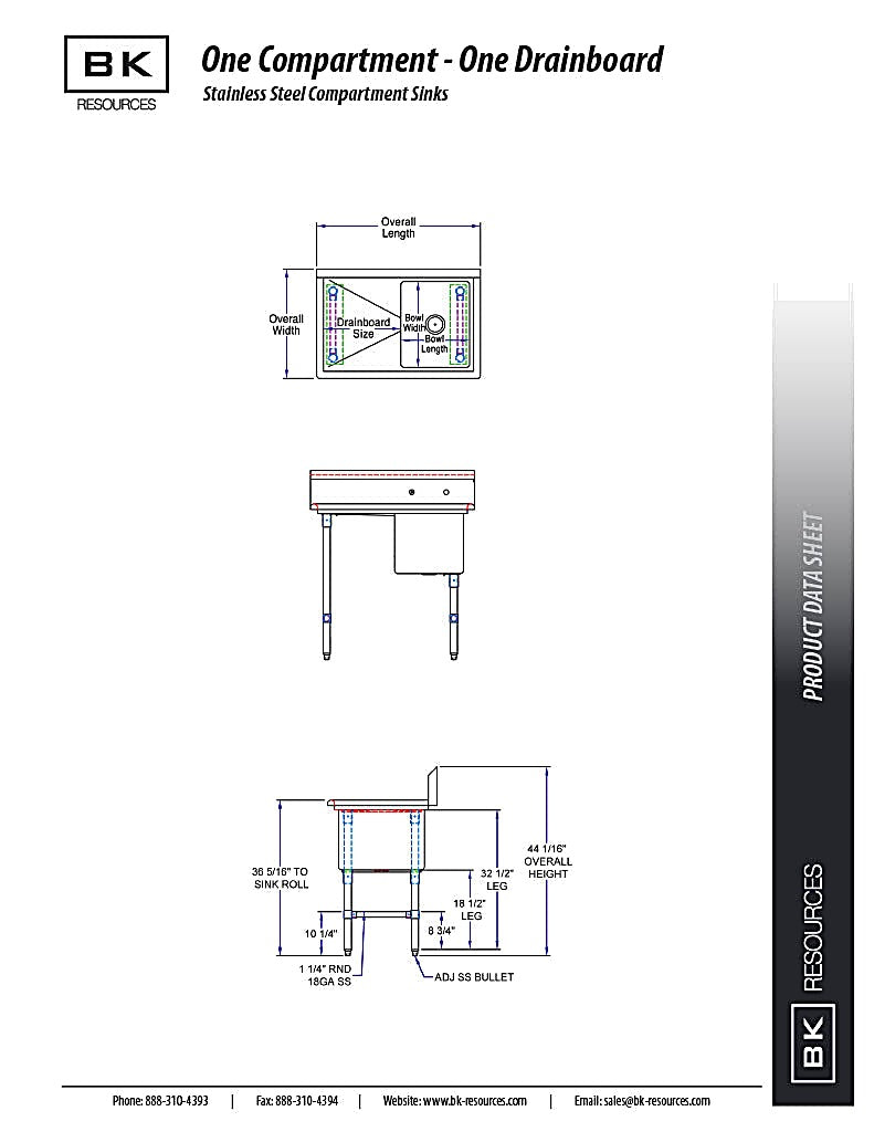 BK Resources Stainless Steel 1 Compartment Sink w/ 10" Riser & Right Drainboard – 20"L x 16"W x 14"D Bowl - Donut-Equipment.com