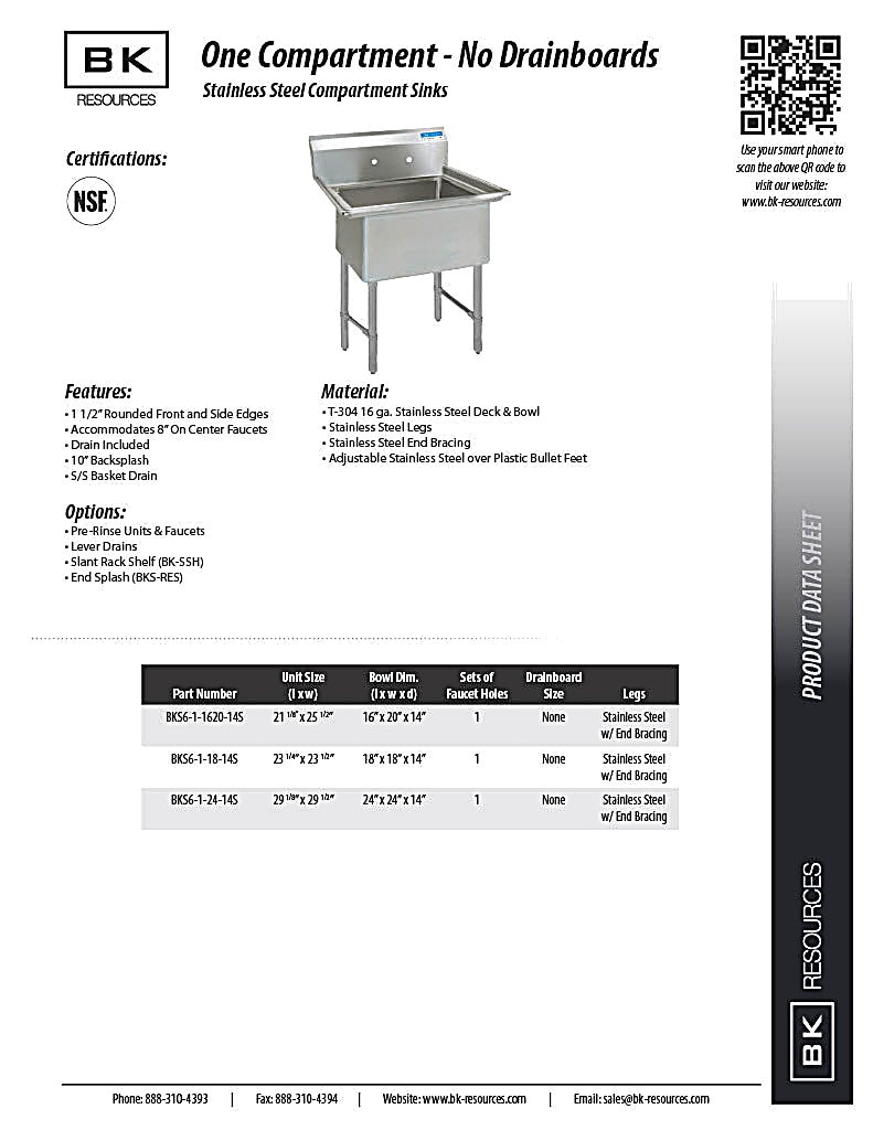BK Resources Stainless Steel 1 Compartment Sink w/ 10" Riser – 18"L x 18"W x 14"D Bowl - Donut-Equipment.com