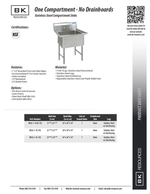 BK Resources Stainless Steel 1 Compartment Sink w/ 10" Riser – 18"L x 18"W x 14"D Bowl - Donut-Equipment.com