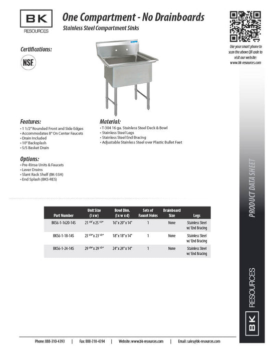 BK Resources Stainless Steel 1 Compartment Sink w/ 10" Riser – 18"L x 18"W x 14"D Bowl - Donut-Equipment.com
