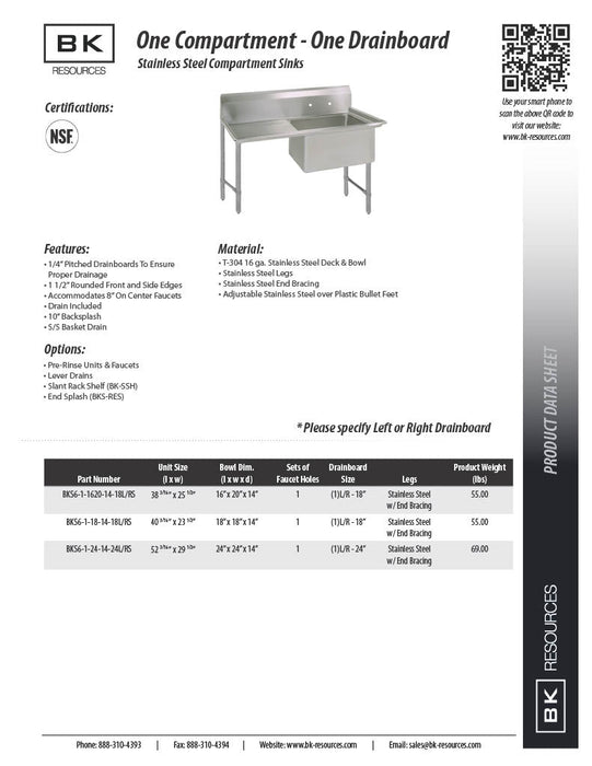 BK Resources Stainless Steel 1 Compartment Sink w/ 10" Riser & Left Drainboard – 18"L x 18"W x 14"D Bowl - Donut-Equipment.com