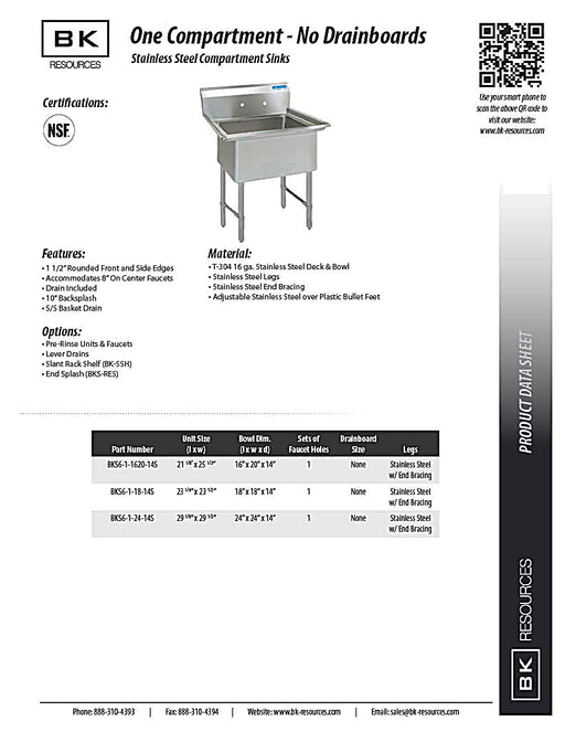 BK Resources Stainless Steel 1 Compartment Sink w/ 10" Riser – 24"L x 24"W x 14"D Bowl - Donut-Equipment.com