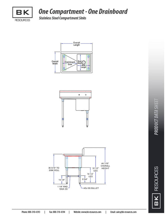 BK Resources Stainless Steel 1 Compartment Sink w/ 10" Riser & Left Drainboard – 24"L x 24"W x 14"D Bowl - Donut-Equipment.com