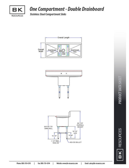 BK Resources Stainless Steel 1 Compartment Sink w/ 10" Riser & Dual Drainboards – 24"L x 24"W x 14"D Bowl - Donut-Equipment.com