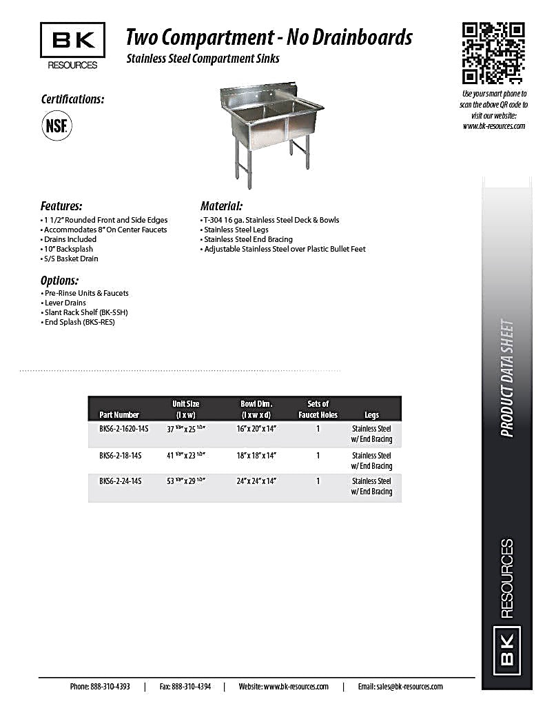 BK Resources Stainless Steel 2 Compartment Sink w/ 10" Riser – 20"L x 16"W x 14"D Bowls - Donut-Equipment.com