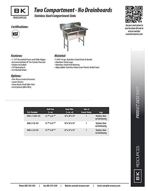 BK Resources Stainless Steel 2 Compartment Sink w/ 10" Riser – 20"L x 16"W x 14"D Bowls - Donut-Equipment.com