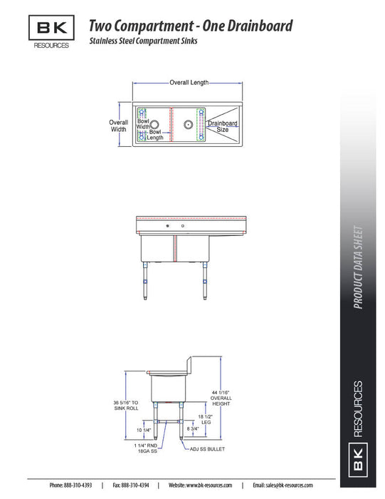 BK Resources Stainless Steel 2 Compartment Sink w/ 10" Riser & Right Drainboard – 20"L x 16"W x 14"D Bowls - Donut-Equipment.com