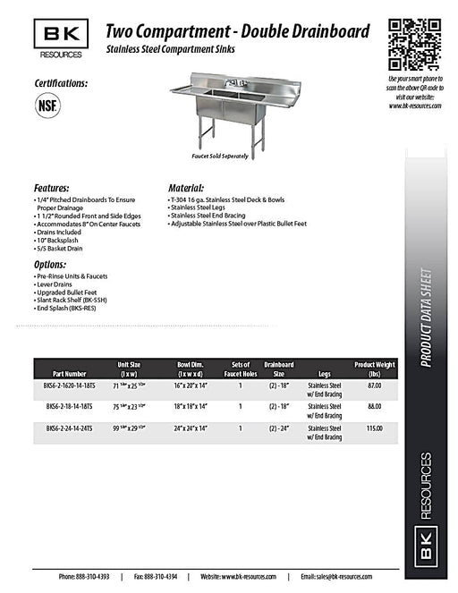 BK Resources Stainless Steel 2 Compartment Sink w/ 10" Riser & Dual Drainboards – 20"L x 16"W x 14"D Bowls - Donut-Equipment.com