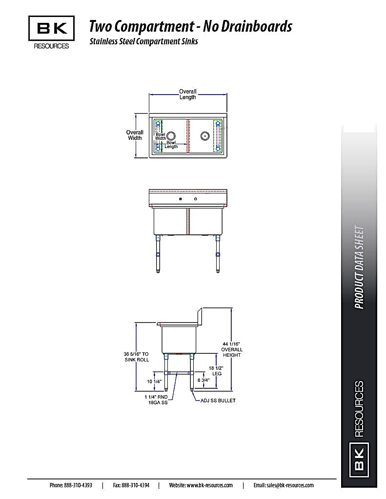 BK Resources Stainless Steel 2 Compartment Sink w/ 10" Riser – 18"L x 18"W x 14"D Bowls - Donut-Equipment.com
