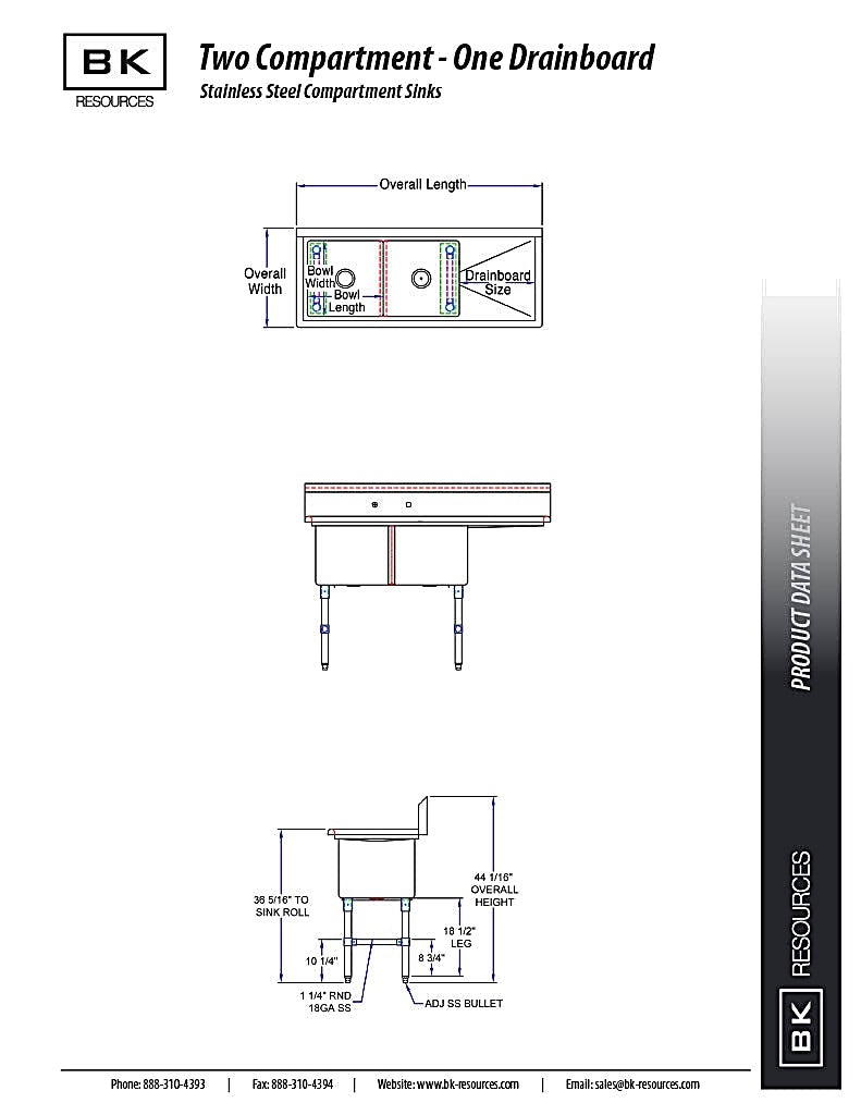 BK Resources Stainless Steel 2 Compartment Sink w/ 10" Riser & Left Drainboard – 18"L x 18"W x 14"D Bowls - Donut-Equipment.com