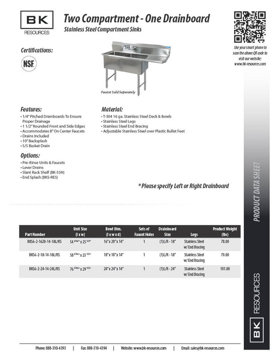 BK Resources Stainless Steel 2 Compartment Sink w/ 10" Riser & Right Drainboard – 18"L x 18"W x 14"D Bowls - Donut-Equipment.com