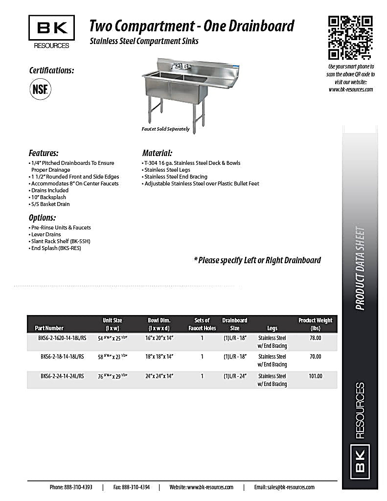BK Resources Stainless Steel 2 Compartment Sink w/ 10" Riser & Right Drainboard – 18"L x 18"W x 14"D Bowls - Donut-Equipment.com