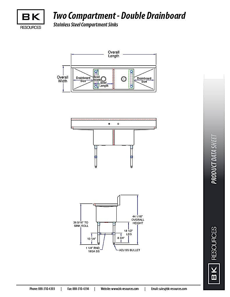 BK Resources Stainless Steel 2 Compartment Sink w/ 10" Riser & Drainboards – 24"L x 24"W x 14"D Bowls - Donut-Equipment.com