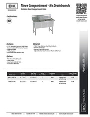 BK Resources Stainless Steel 3 Compartment Sink w/ 10" Riser – 18"L x 18"W x 14"D Bowls - Donut-Equipment.com