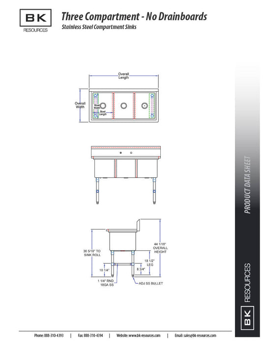 BK Resources Stainless Steel 3 Compartment Sink w/ 10" Riser – 18"L x 18"W x 14"D Bowls - Donut-Equipment.com