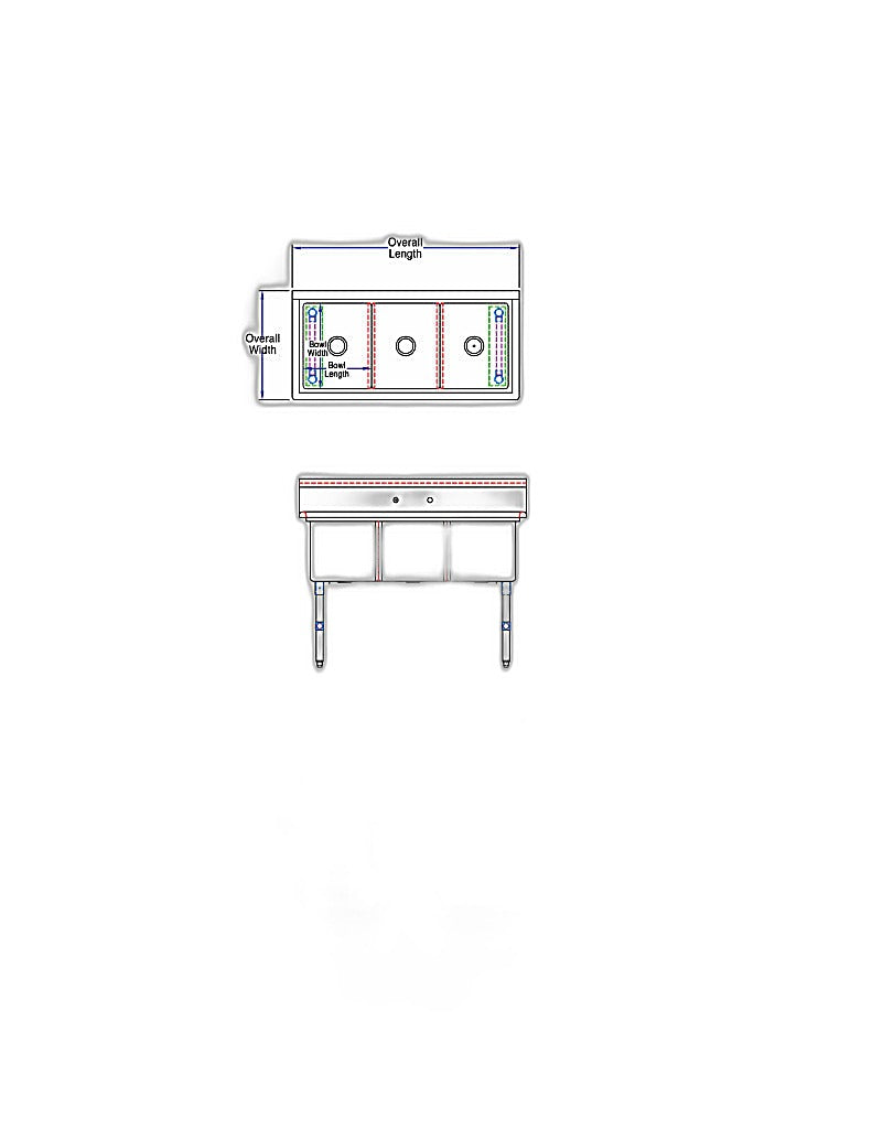 BK Resources Stainless Steel 3 Compartment Sink w/ 10" Riser – 18"L x 18"W x 14"D Bowls - Donut-Equipment.com