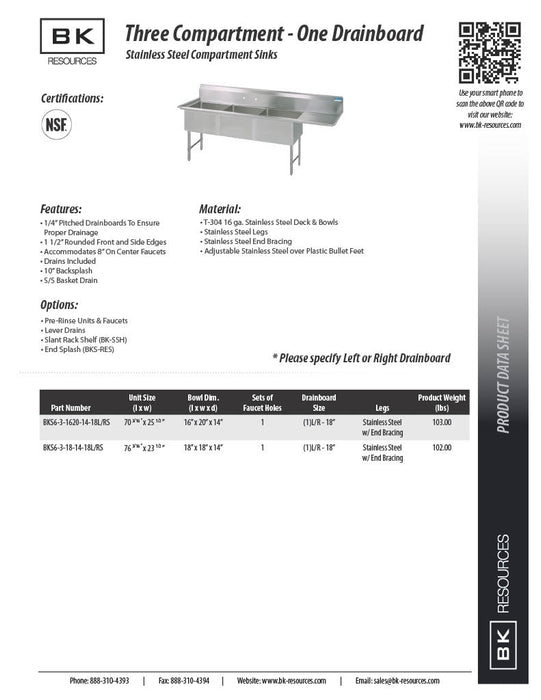 BK Resources Stainless Steel 3 Compartment Sink w/ 10" Riser & Left Drainboard – 18"L x 18"W x 14"D Bowls - Donut-Equipment.com