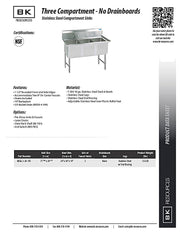 BK Resources Stainless Steel 3 Compartment Sink w/ 10" Riser – 24"L x 24"W x 14"D Bowls - Donut-Equipment.com