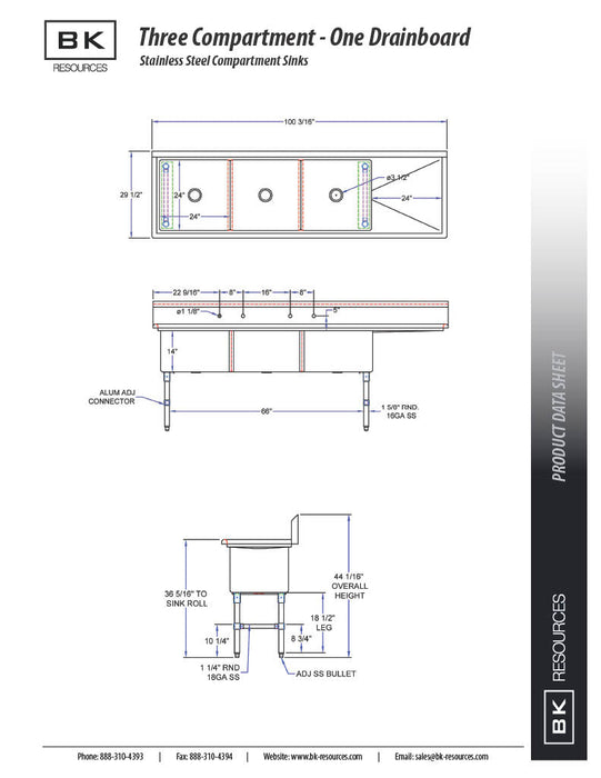 BK Resources Stainless Steel 3 Compartment Sink w/ 10" Riser & Left Drainboard – 24"L x 18"W x 14"D Bowls - Donut-Equipment.com